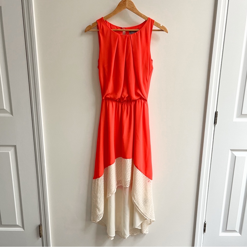 SIB Neon Orange & Cream Color Block Laser Cut High Low Sleeveless Dress XS